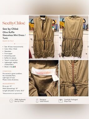 See By Chloé Olive Khaki Sleeveless Ruffle Mini Dress Tunic